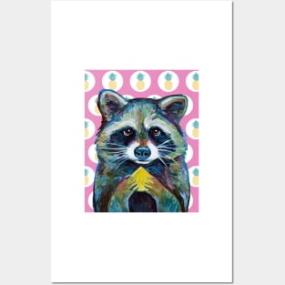 Cute RACCOON with Pineapple Pink Background Posters and Art